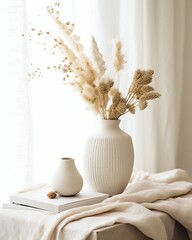 Cream White Vase with Dried Flowers on a White Table. Generative ai