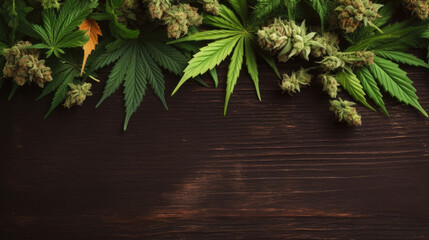Hanfpflanzen (Cannabis) mit Blüten auf Holzhintergrund. (Generative AI)