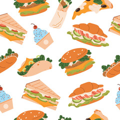 Street fast food seamless pattern. Sweet desserts, snacks, takeaway eating. Burger, pizza, sandwich, croissant with fillings. Flat vector illustrations isolated on background