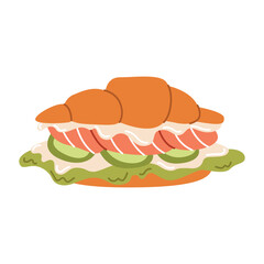 Street fast food set. Sweet desserts, snacks, takeaway eating. Burger, pizza, sandwich, croissant with fillings. Flat vector illustrations isolated on white background