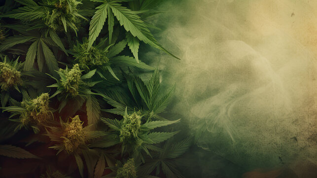 Hintergrunddesign von Hanfpflanzen (Cannabis) mit Blüten und Rauch. (Generative AI)