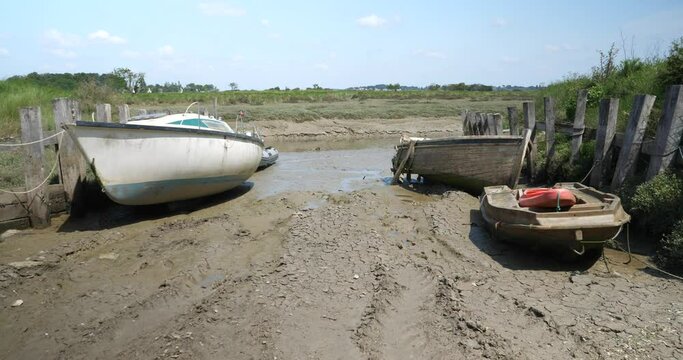 Some abandoned boats at Mesquer. May 2023, France.
