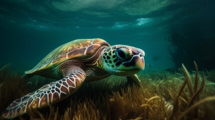 Fototapeta premium Underwater shot of a sea turtle , ai, ai generative, illustration