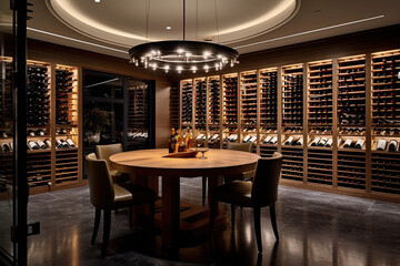 luxury penthouse wine cellar, showing a meticulously organized space with climate-controlled storage, beautiful wine racks, and a tasting area.  Generative AI - obrazy, fototapety, plakaty