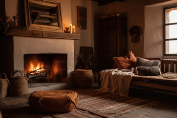 Country style interior with fireplace and pillows Generative AI