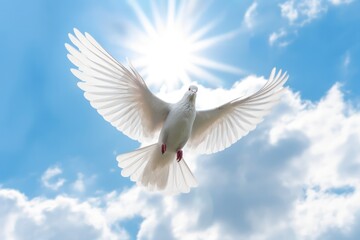 Obraz premium a White dove flies against the background of a blue sky with clouds. White dove flies beautifully in the air. Generative AI