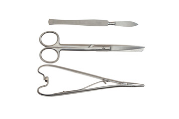 scalpel scissors and clamp surgical instrument on white background
