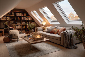 luxury penthouse attic showcasing a well-utilized area with cozy seating, a home office setup, and creative storage solutions.  Generative AI