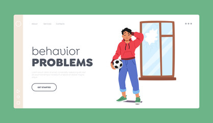 Behavior Problems Landing Page Template. Boy Broke Window With Ball, Causing Shattered Glass And A Scattered Mess
