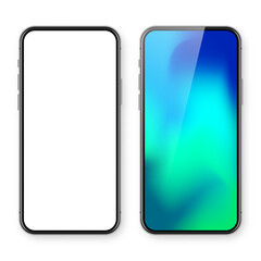 Smartphone with blank touch screen and abstract colorful background, wallpaper. Frameless mobile phone in front view. High quality detailed device mockup. Vector illustration