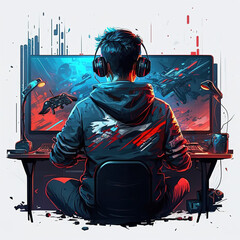 Illustration of a gamer in his room, generative ai technology