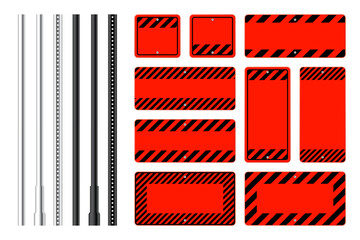 Warning, danger signs, attention banners with metal poles. Blank red caution sign, construction site signage. Notice signboard, warning banner, road shield. Vector illustration