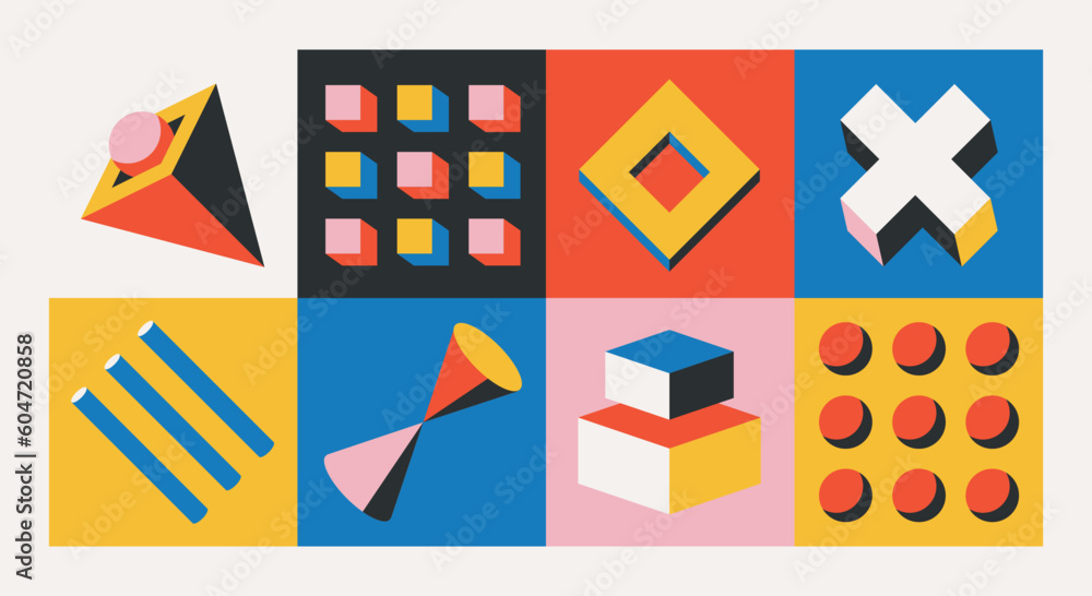 Poster bauhaus pattern with volumetric figures. geometric shapes and three-dimensional forms create dynamic