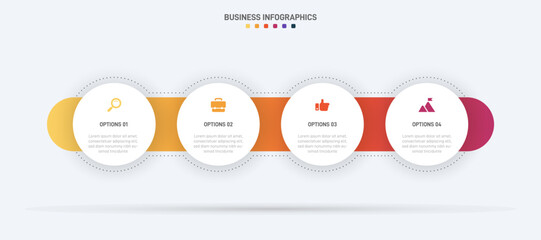 Timeline infographic with infochart. Modern presentation template with 4 spets for business process. Website template on white background for concept modern design. Horizontal layout.