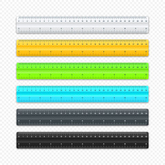 Realistic various plastic rulers with measurement scale and divisions, measure marks. School ruler, centimeter and inch scale for length measuring. Office supplies. Vector illustration