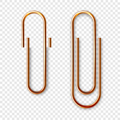 Realistic copper paperclip attached to paper isolated on white background. Shiny metal paper clip, page holder, binder. Workplace office supplies. Vector illustration