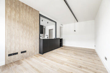 Living room with white walls with a wooden mural and a kitchen furnished