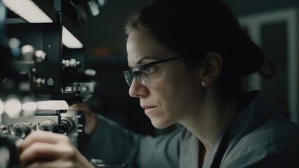 Materials Engineer Female Caucasian Mature Conducting research and developing new materials for industrial use in Research laboratory. Generative AI AIG22.