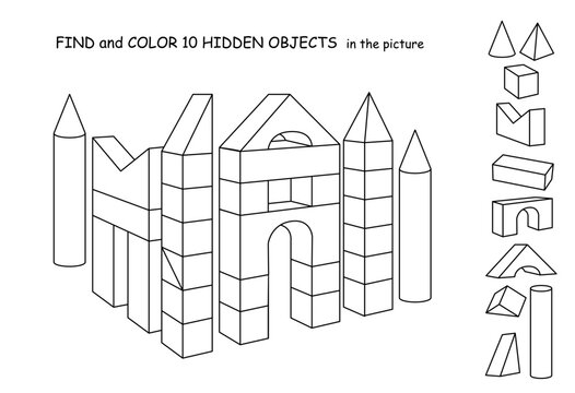 Find and color 10 hidden objects in the picture. Cubes and other shapes castle. Puzzle Hidden Items. Educational game for kids. Building. Sketch line vector illustration