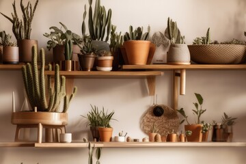 Interior of a Scandinavian room with hipster pots on a brown shelf and a composition of plants, cactus, and succulents. blank walls. Modern and floral home garden design. love of nature. Generative AI