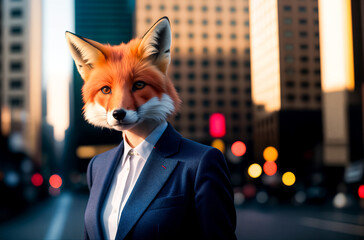 The fox is dressed in a formal suit on the body of a business woman against the background of the streets of a big city with skyscrapers. Concept of successful cunning businesswoman. Generative AI. - obrazy, fototapety, plakaty