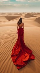 Obraz premium Woman Walking Through Sand Dunes in a Red Dress. Generative ai