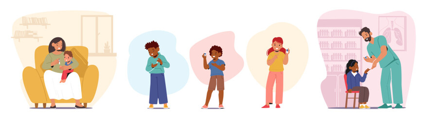 Diabetes Children Control. Little Characters Managing And Monitoring Diabetes, Using Tools For Optimal Health