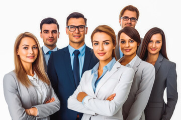 Fototapeta premium Happy successful business team isolated on white background. Excited entrepreneurs are successful and business people achieve goals. Generative AI