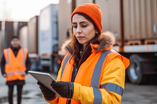 Outside of logistics centre retailer warehouse. Female holding mobile tablet to check logistics and organisation of shipment. Generative AI