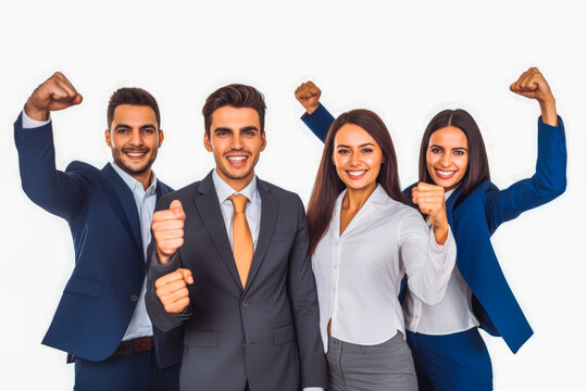 Happy successful business team isolated on white background. Excited entrepreneurs are successful and business people achieve goals. Generative AI
