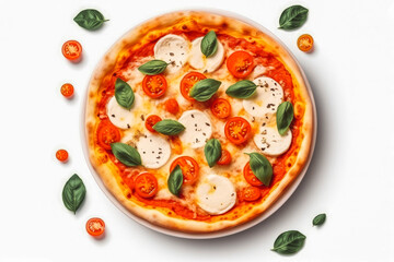 Hot pizza margarita with mozzarella cheese and basil and tomato on white background. Fresh pizza, Italian cuisine and lifestyle concept. Generative AI - obrazy, fototapety, plakaty