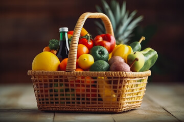 Shopping basket with fresh food. Grocery supermarket shopping healthy food. Vegetables and produce. Healthy diet and lifestyle concept. Generative AI