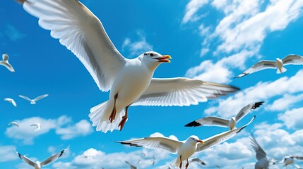 seagulls fly against the blue sky with clouds. Sea birds gracefully fly in the air. Generative AI