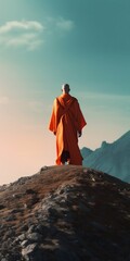 Fototapeta premium Monk Alien in Orange Robe Meditating at Sunrise Over Mountain Hill. Generative ai
