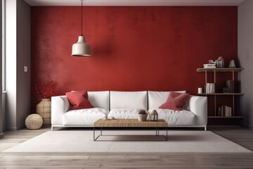 Interior of contemporary living room with wooden flooring and a red concrete wall. Wall space for copies. Fur carpet, coffee table with vase and books, white leather couch. Generative AI