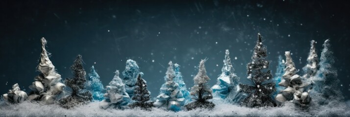 Fototapeta na wymiar Small Christmas trees and decorations stand in the snow against a background of bokeh. Winter decoration. Shallow depth of field. Christmas banner or postcard. Generative AI