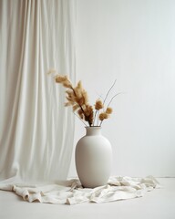 Cream White Vase with Dried Flowers on a White Table. Generative ai