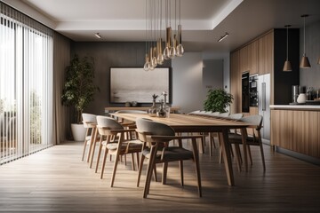 Interior of dining room with wooden floor, long wooden table, and chairs. Gray walls. a banner. a mockup. Generative AI