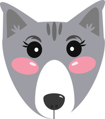 a little cute kawaii wolf face with pink cheeks and eyelashes