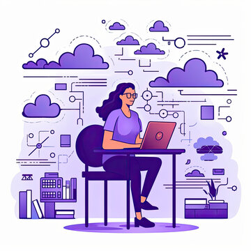 Woman using a laptop with a pink environment