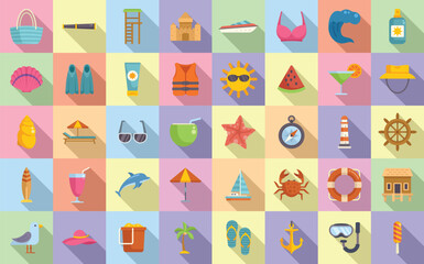 Seaside icons set flat vector. Summer sea. Resort island