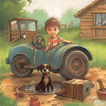Cartoon illustration of a young boy with a play peddle car