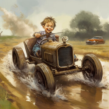 Cartoon illustration of a young boy with a play peddle car