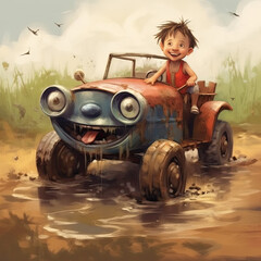 Cartoon illustration of a young boy with a play peddle car