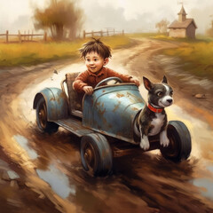 Cartoon illustration of a young boy with a play peddle car
