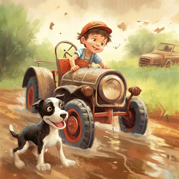 Cartoon illustration of a young boy with a play peddle car