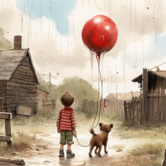 Cartoon Illustration of a young boy with a red balloon and a dog
