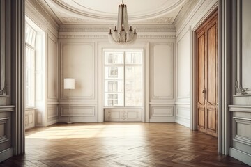 interior wall with traditional mouldings herringbone parquet flooring. digital representation. Generative AI