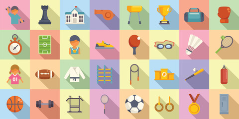 Sports school icons set flat vector. Baby girl. People camp