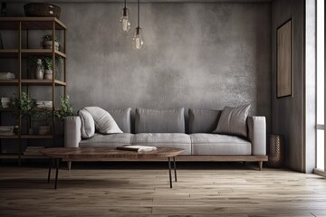 Interior of contemporary living room with wood flooring and a concrete wall. Couch made of gray fabric, a floor lamp, a coffee table with books and a vase. Generative AI